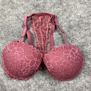 Victorias Secret PINK Bra 36DD Pink Date Racerback Front Closure Lace Overlay